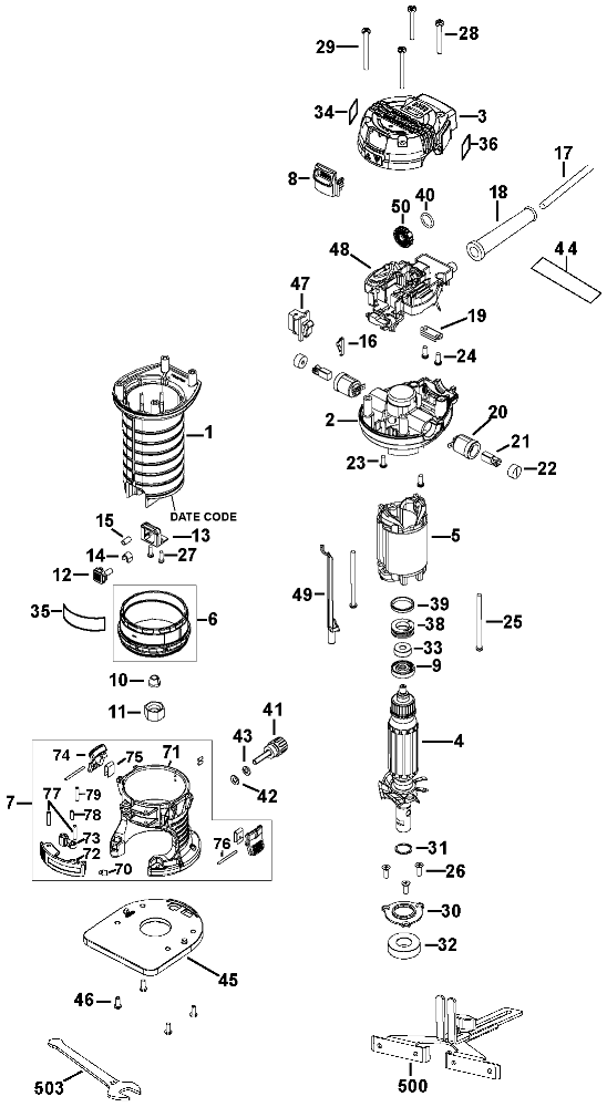 Default Diagram and Parts List for PCE6435 Type 1 Porter Cable Trimmer